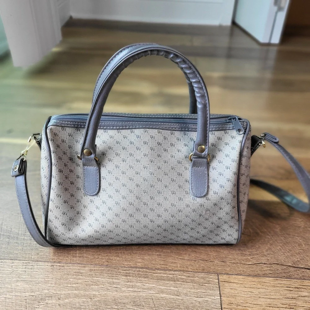 Vintage Grey Monogram Satchel Bag Art No 3913 Crossbody Barrel Purse